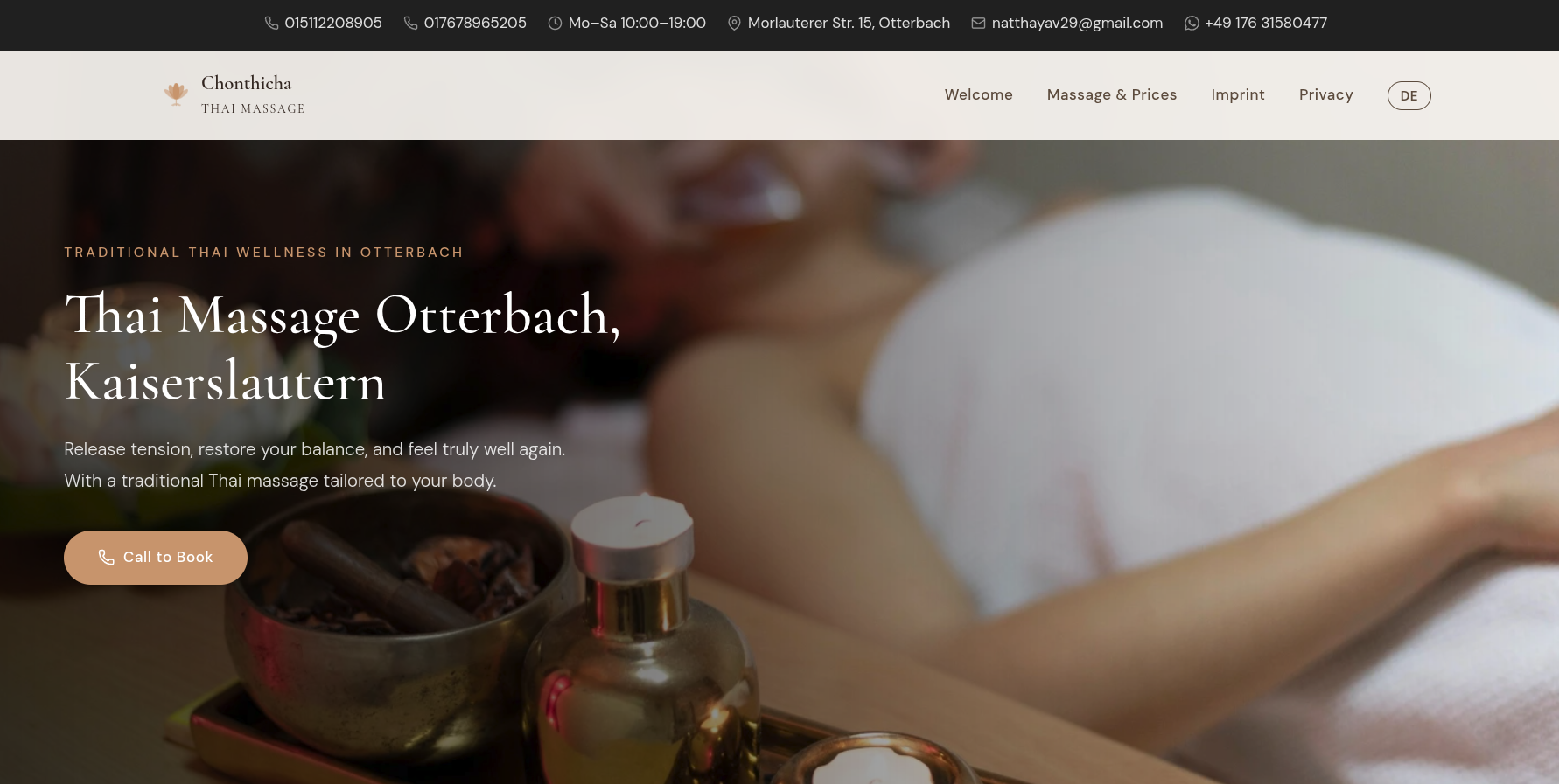Screenshot of Chonthicha's Thai Massage website — local spa in Otterbach, Germany